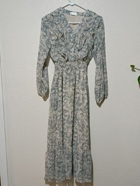 Long Sleeve Blue Floral Ruffle Maxi Dress